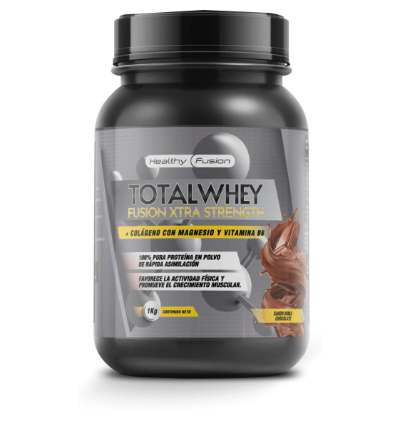 Recipiente preto de suplemento Total Whey Fusion Xtra Strength sabor chocolate 1 kg