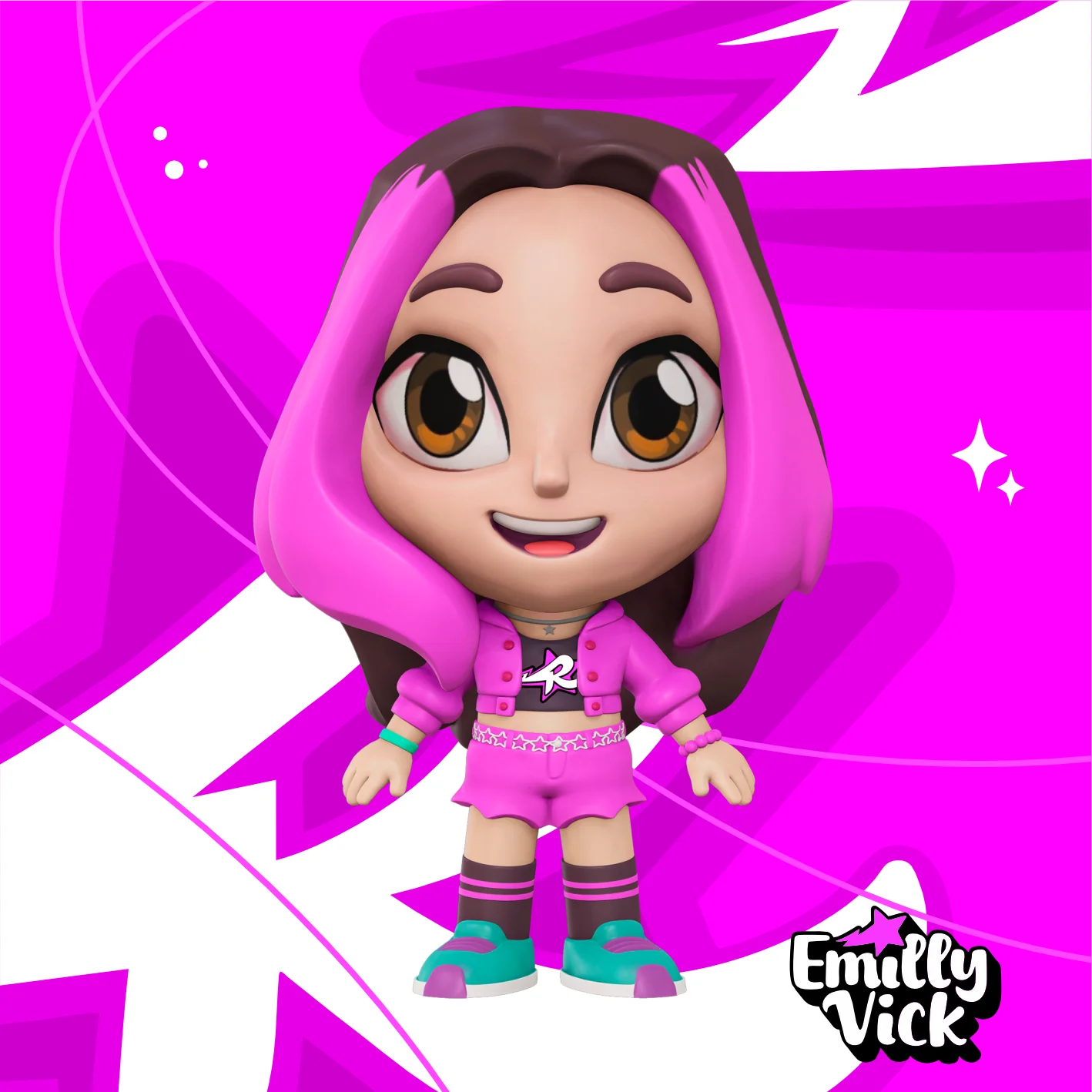 Figura Emilly Vick colecionável com cabelo castanho e rosa, roupa rosa, sapatilhas e meias coloridas