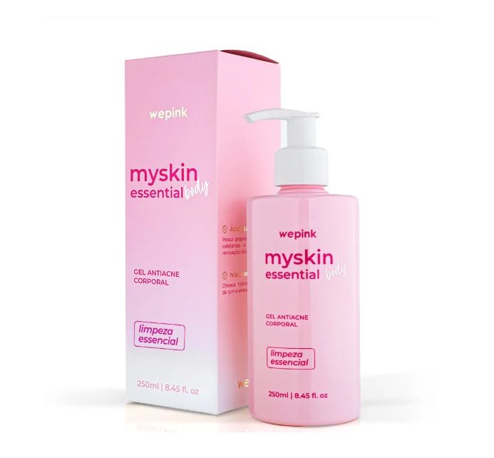 Frasco rosa de gel antiacne corporal Myskin Essential com embalagem rosa