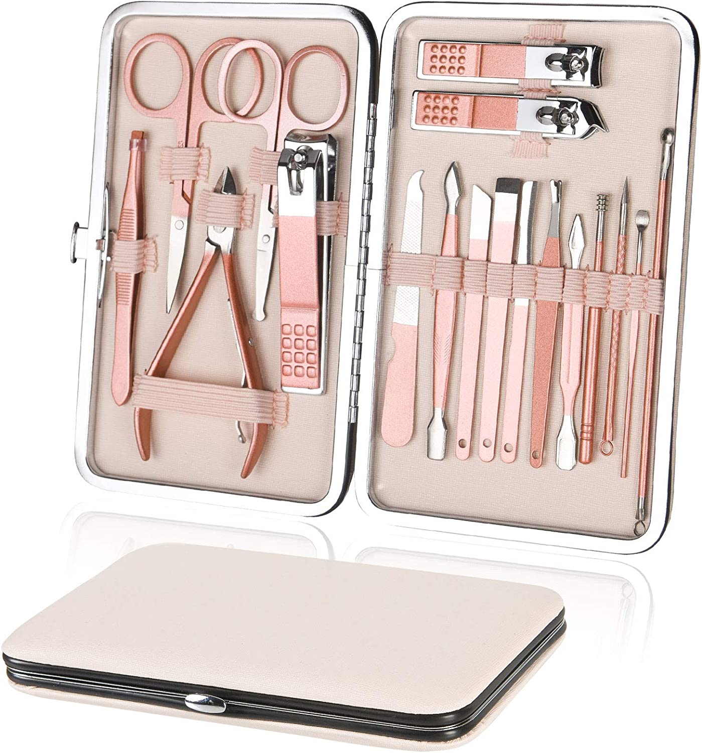 Conjunto de manicure em estojo branco com instrumentos metálicos rosa