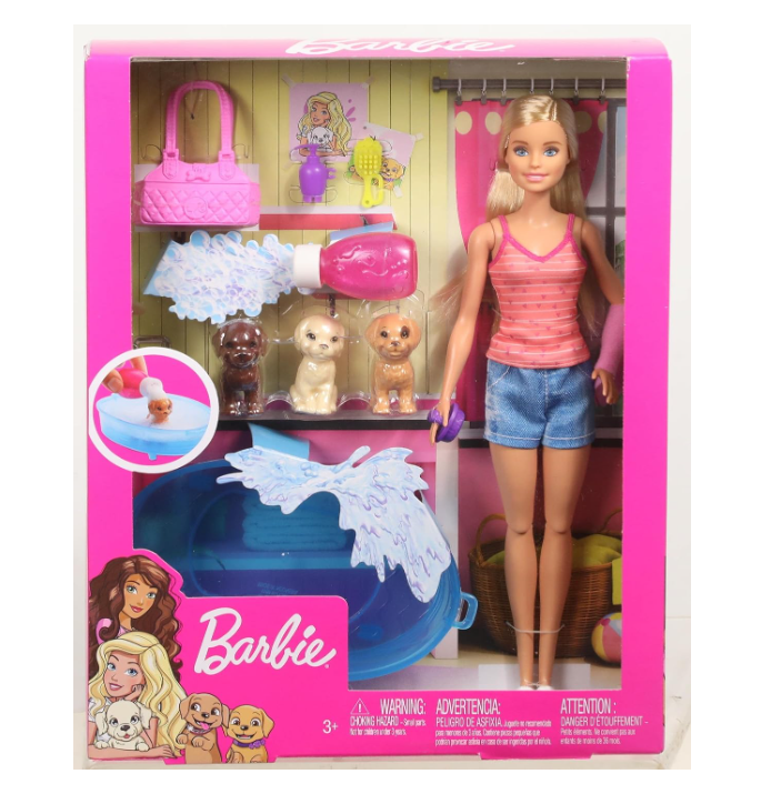 Conjunto Barbie com boneca, cachorros e acessórios em embalagem cor-de-rosa