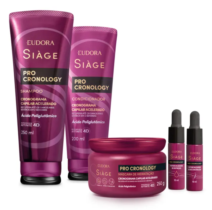 Produtos Eudora Siàge Pro Cronology em embalagens roxas