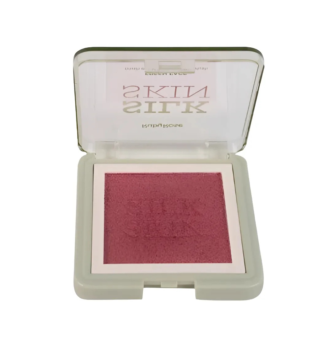 Estojo branco com blush cor-de-rosa e tampa transparente com texto