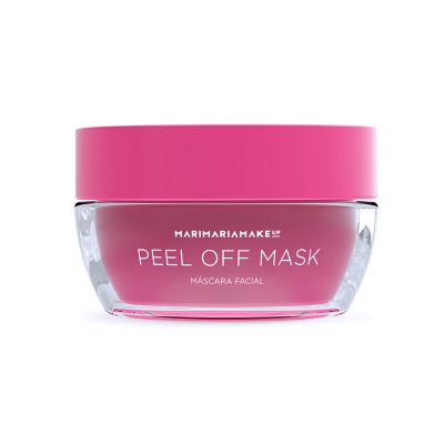 Frasco transparente com tampa rosa contendo máscara facial peel off rosa da MARIMARIAMAKEUP