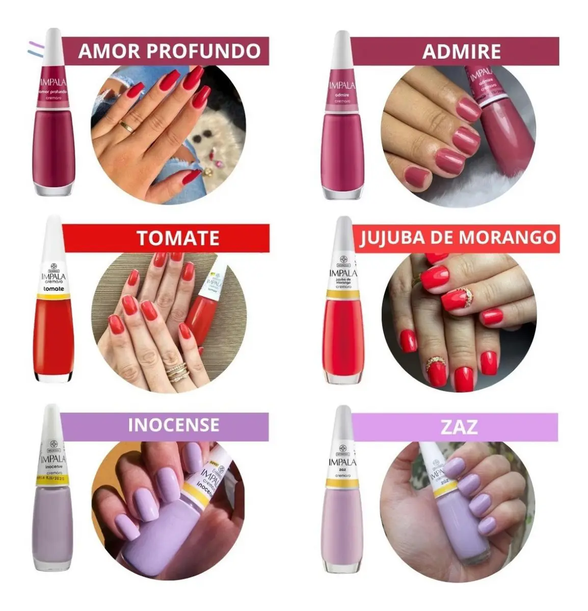Seis vernizes de unhas coloridos com nomes e aplicação nas unhas