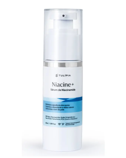 Frasco de sérum Niacine+ da Tulipia, plástico branco com detalhes em azul e tampa transparente
