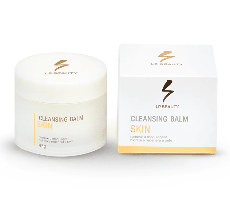Bálsamo de limpeza LP Beauty em pote e caixa brancos com letras douradas