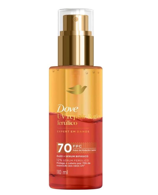 Frasco de óleo e sérum bifásico Dove UV repair & glow ferúlico 110 ml