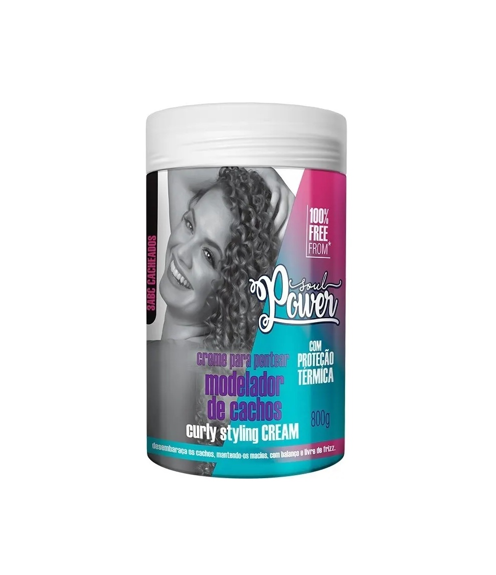 Creme modelador de cachos Soul Power embalagem 800g com foto de mulher e texto colorido.