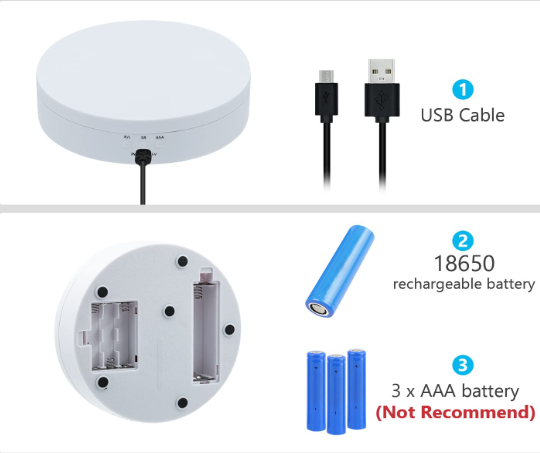Plataforma giratória branca com cabo USB e compartimento para baterias