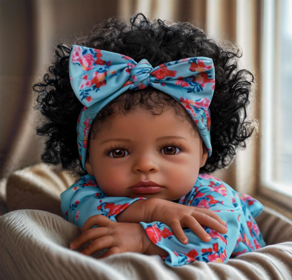 Boneca realista com roupa floral azul e suporte bege