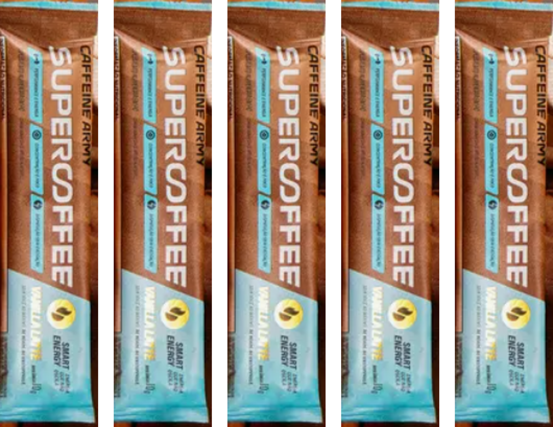 Múltiplas embalagens do produto SUPERSOFFEE com design castanho e azul