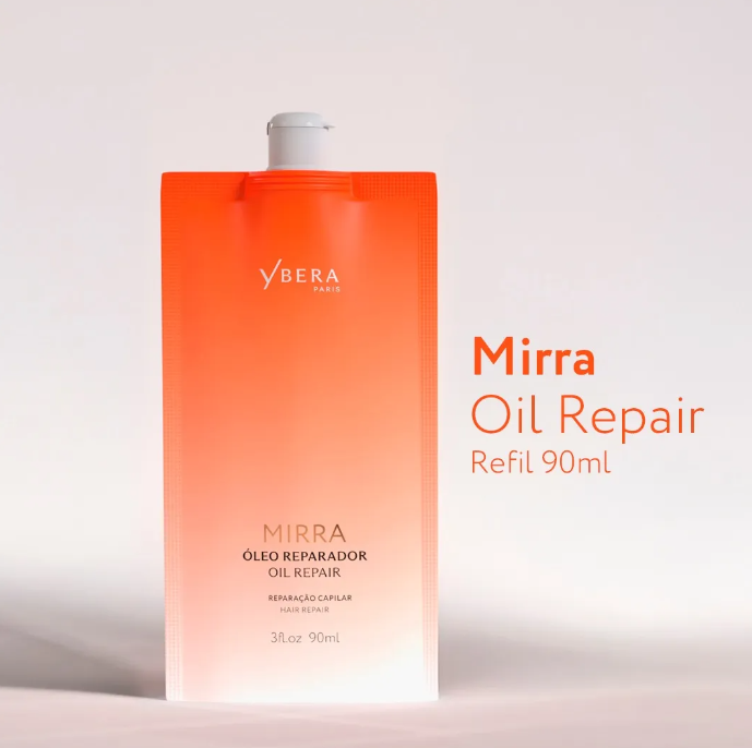 Saco recarregável Mirra Oil Repair, degradê branco para laranja, tampa branca, texto preto e branco