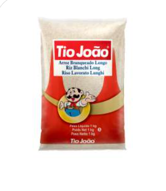 Pacote de arroz Tio João Arroz Branquedo Longo, 1 kg, embalagem vermelha e branca