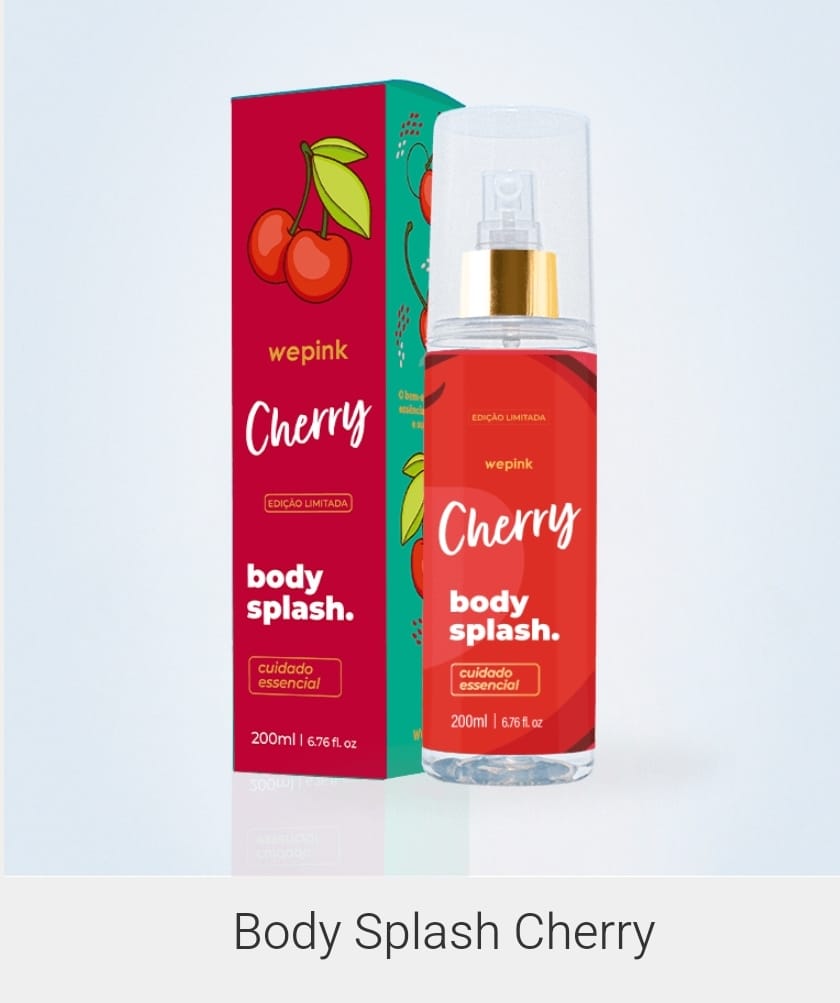 Body Splash Cherry em frasco transparente com caixa ao lado