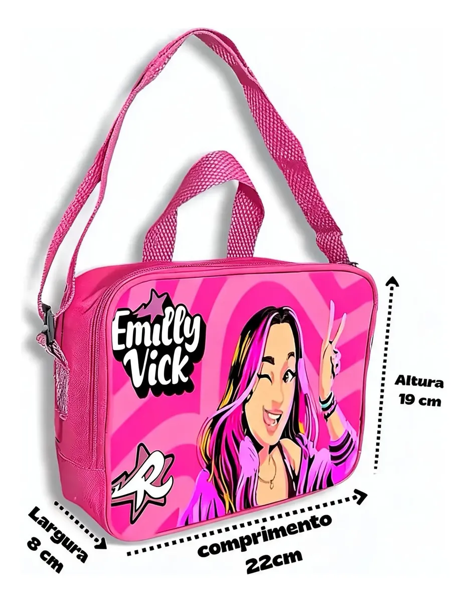 Bolsa rosa com imagem de rapariga e texto Emilly Vick