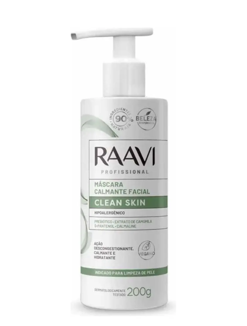 Frasco branco de máscara calmante facial RAAVI PROFESSIONAL com tampa de bomba e texto em verde e preto.