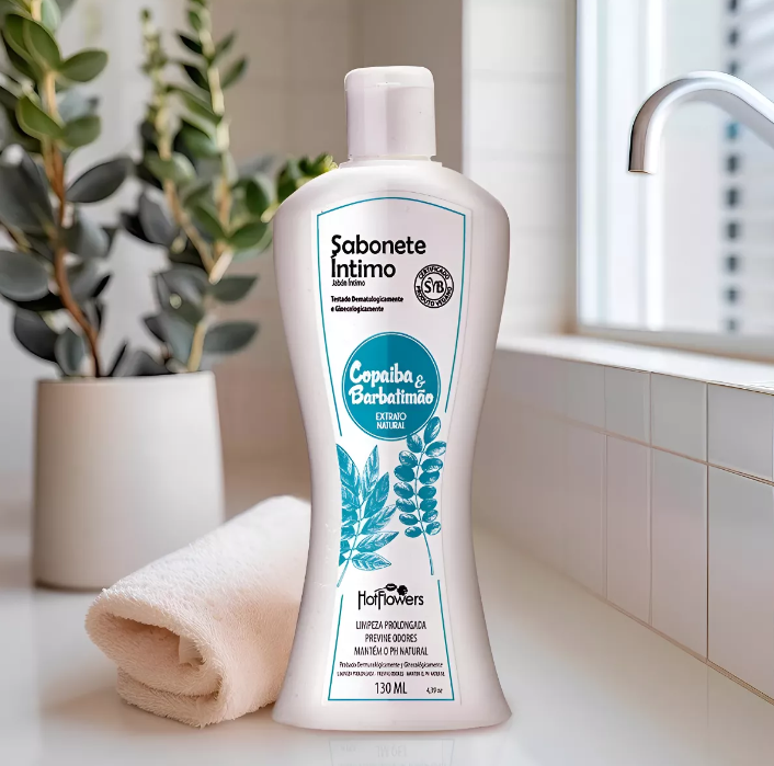 Frasco branco de sabonete íntimo com texto azul e preto, ao lado de toalha branca e planta em vaso branco na bancada.