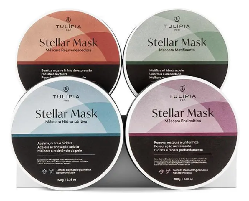 Quatro embalagens de máscaras faciais TULÍPIA PRO Stellar Mask em diferentes cores