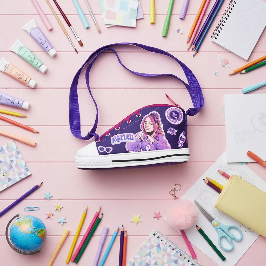 Mala em forma de sapatilha roxa com ilustração de rapariga rodeada por material escolar colorido sobre mesa rosa