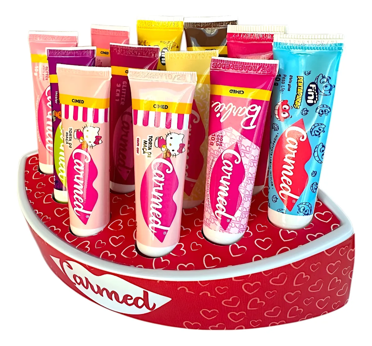 Tubes coloridos Carmed em base vermelha com corações