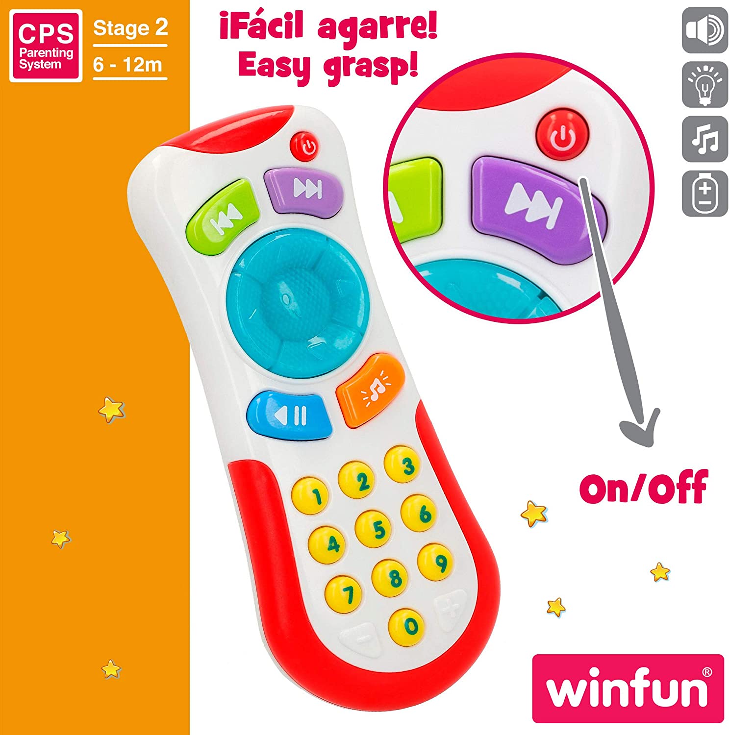 Comando de brinquedo infantil multicolorido com botões e texto em português e inglês