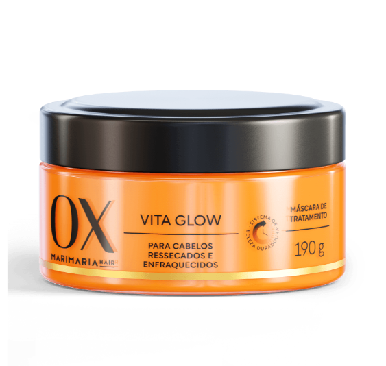 Frasco laranja com tampa preta de máscara capilar OX Vita Glow