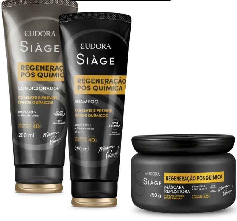 Produtos Eudora Siàge Regeneração Pós Química em embalagens pretas e douradas