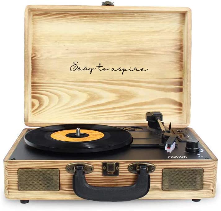 Gira-discos portátil em madeira clara com tampa aberta e texto Easy to aspire