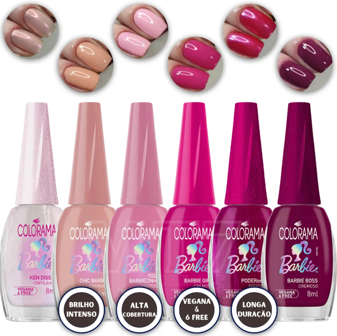 Seis garrafas de verniz Colorama Barbie em várias cores do branco perolado ao vinho.