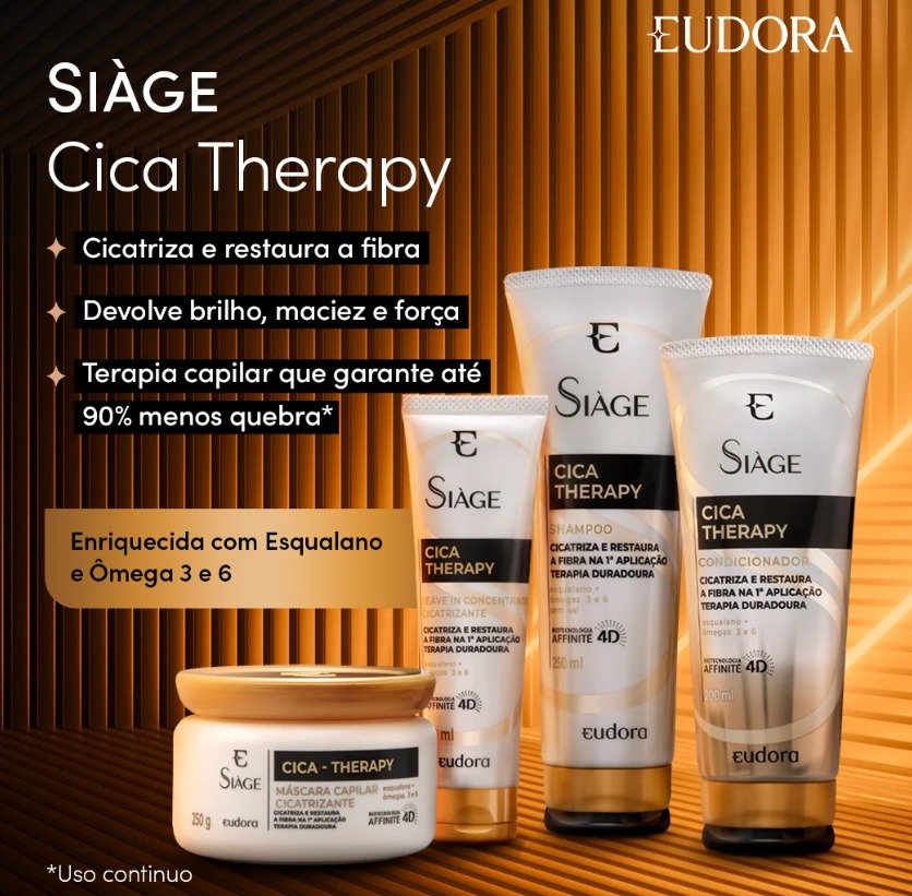 Produtos Siàge Cica Therapy da Eudora em embalagens brancas com detalhes dourados e texto em português