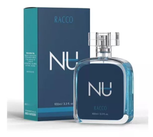 Frasco de perfume azul RACCO NU com caixa correspondente
