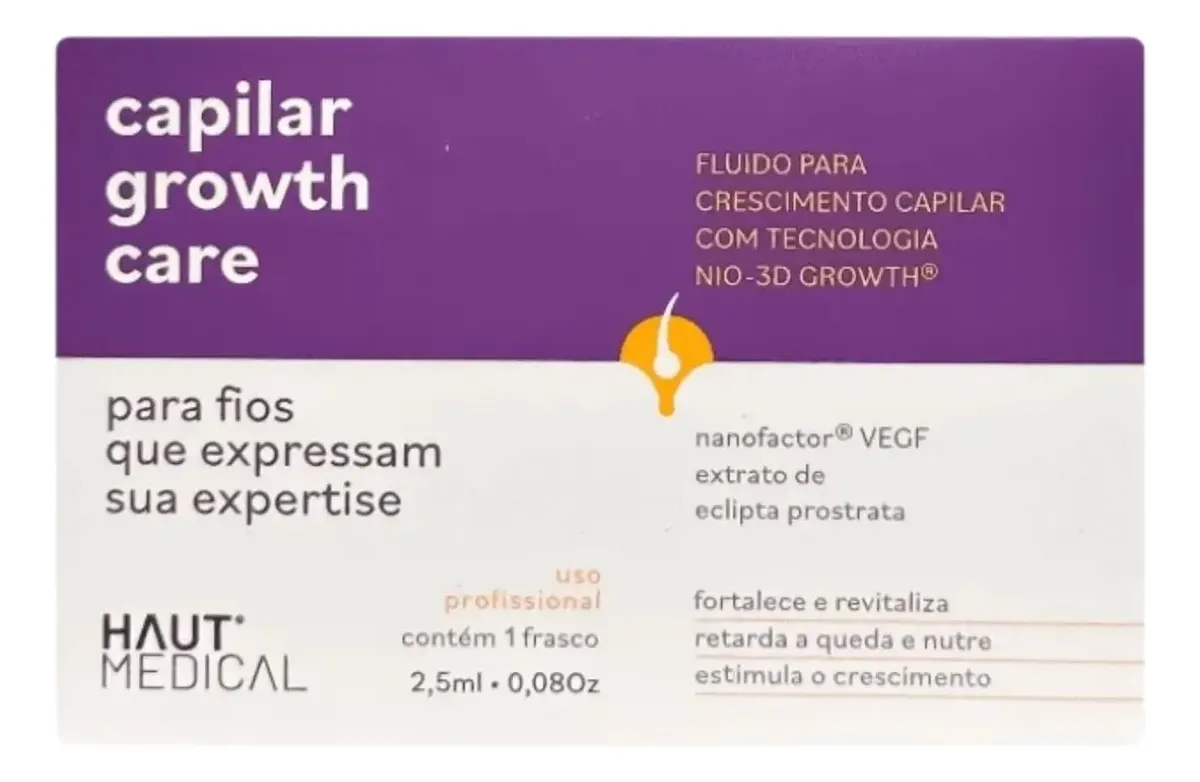 Embalagem de produto capilar com texto em português sobre crescimento capilar