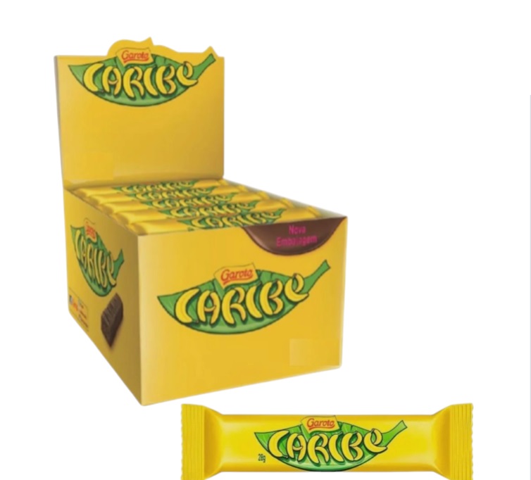 Caixa amarela cheia de barras de chocolate Garoto Caribe em embalagens amarelas