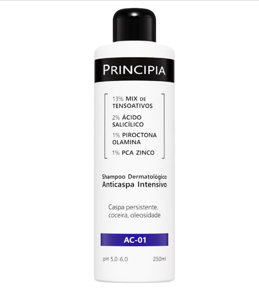 Frasco branco de shampoo anticsepa PRINCIPIA com tampa preta
