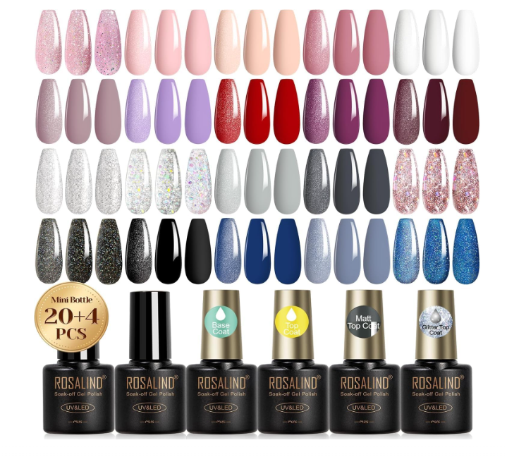 Unhas postiças coloridas e frascos de verniz ROSALIND UV/LED