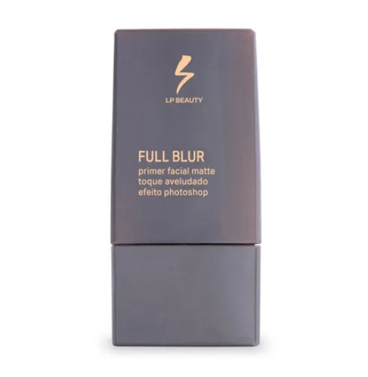 Embalagem cinza escuro de primer facial mate LP Beauty com texto dourado