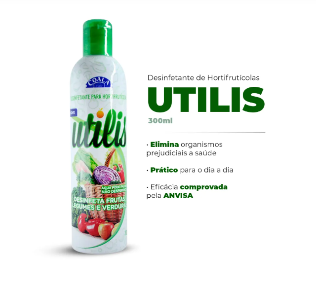 Frasco de desinfetante para hortifrutícolas UTILIS 300ml com tampa verde e imagens de frutas e legumes
