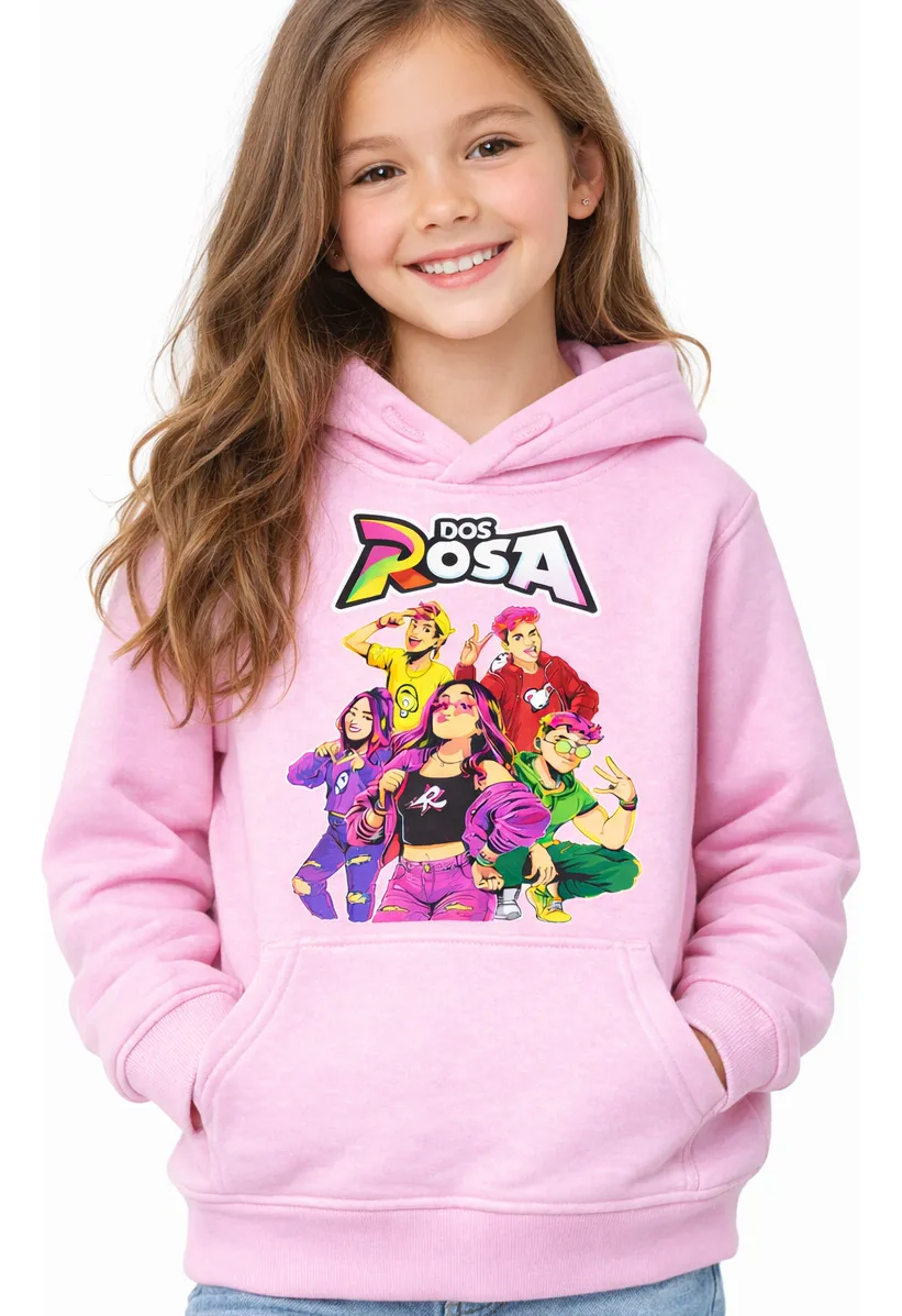 Hoodie rosa claro com estampa de personagens animados e texto DOS ROSA