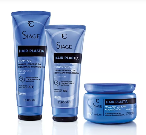 Produtos Eudora Siàge Hair-Plastia shampoo, condicionador e máscara em embalagens azuis