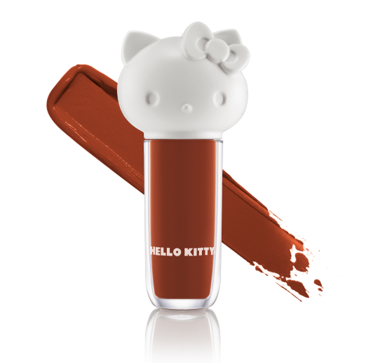 Batom líquido Hello Kitty castanho avermelhado com tampa branca de personagem