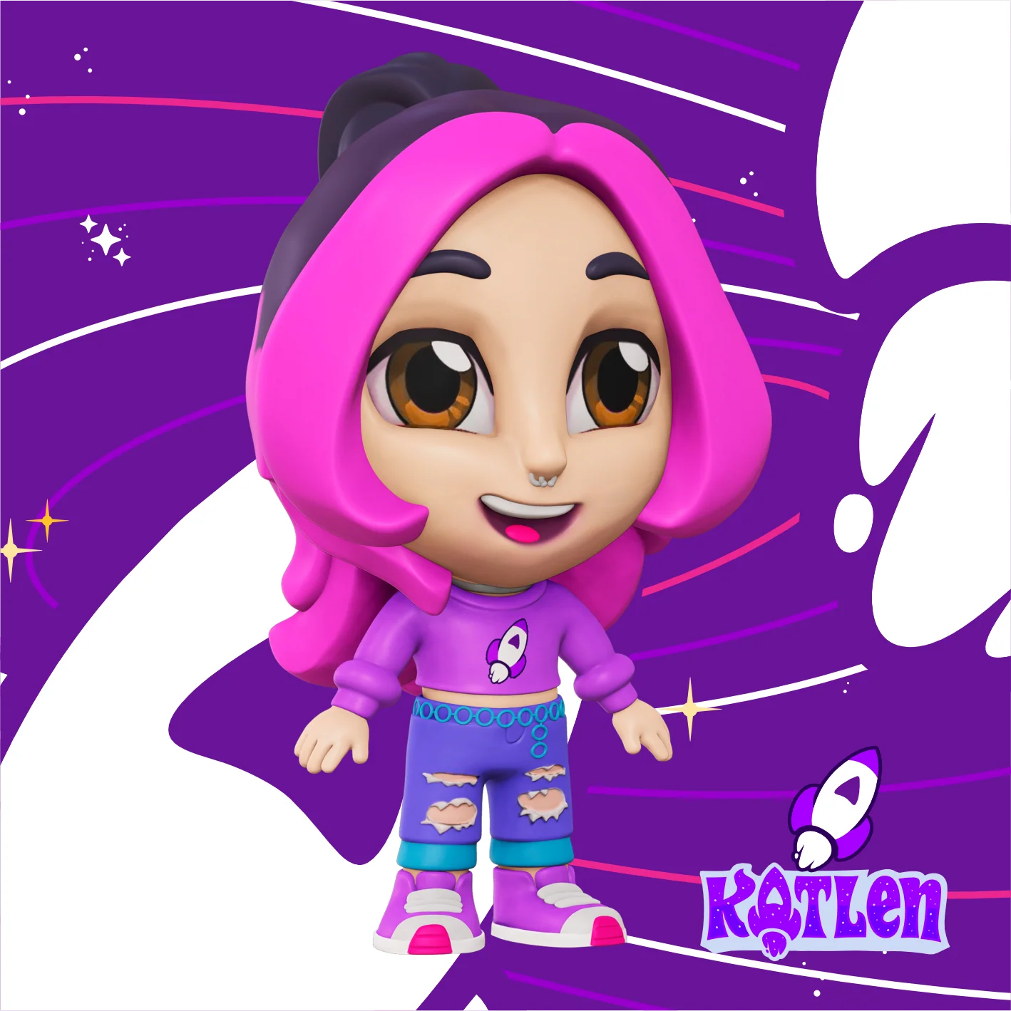 Boneco animado com cabelo rosa e roupa roxa em fundo roxo com texto Katlen