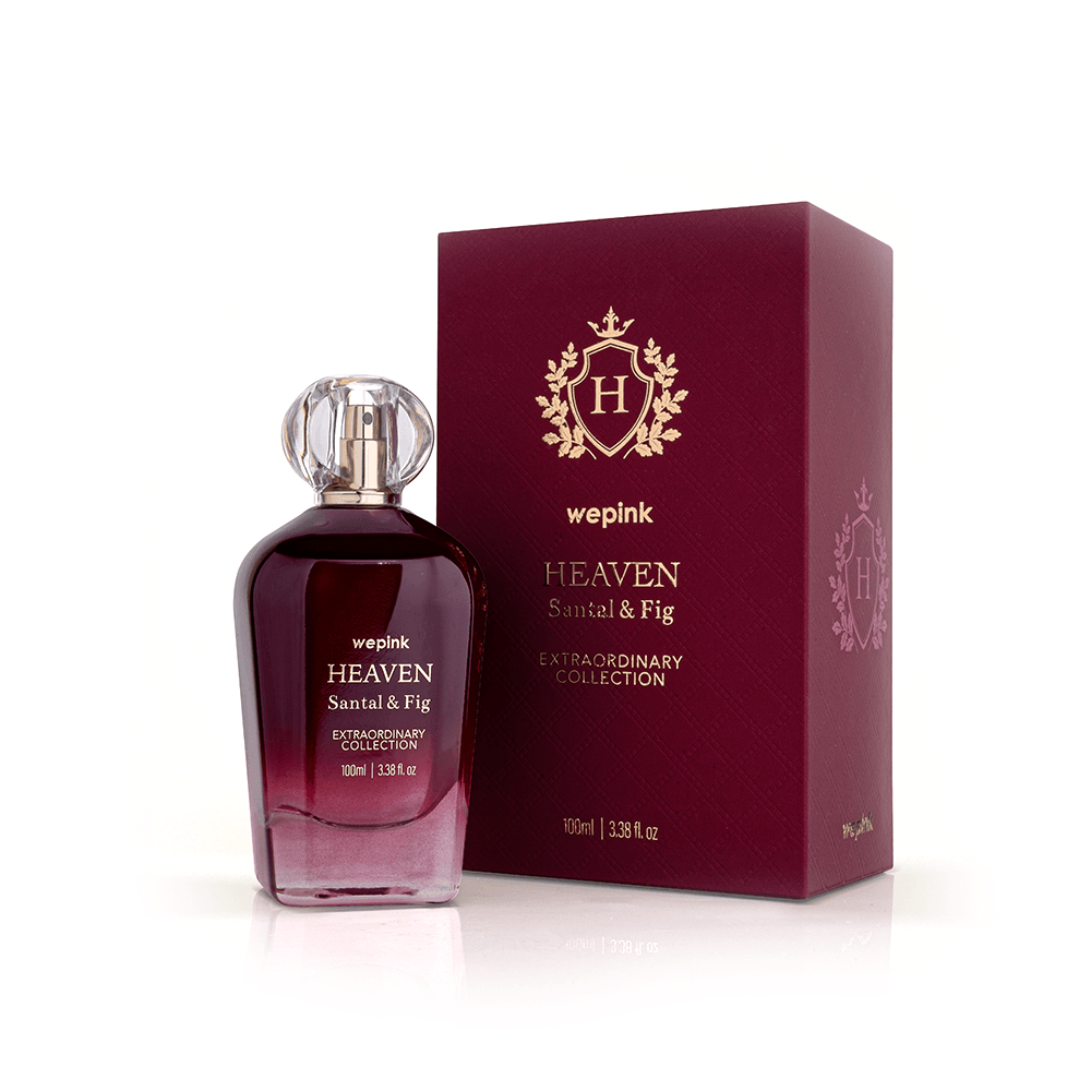Frasco e caixa de perfume HEAVEN Santal & Fig cor bordô com detalhes dourados
