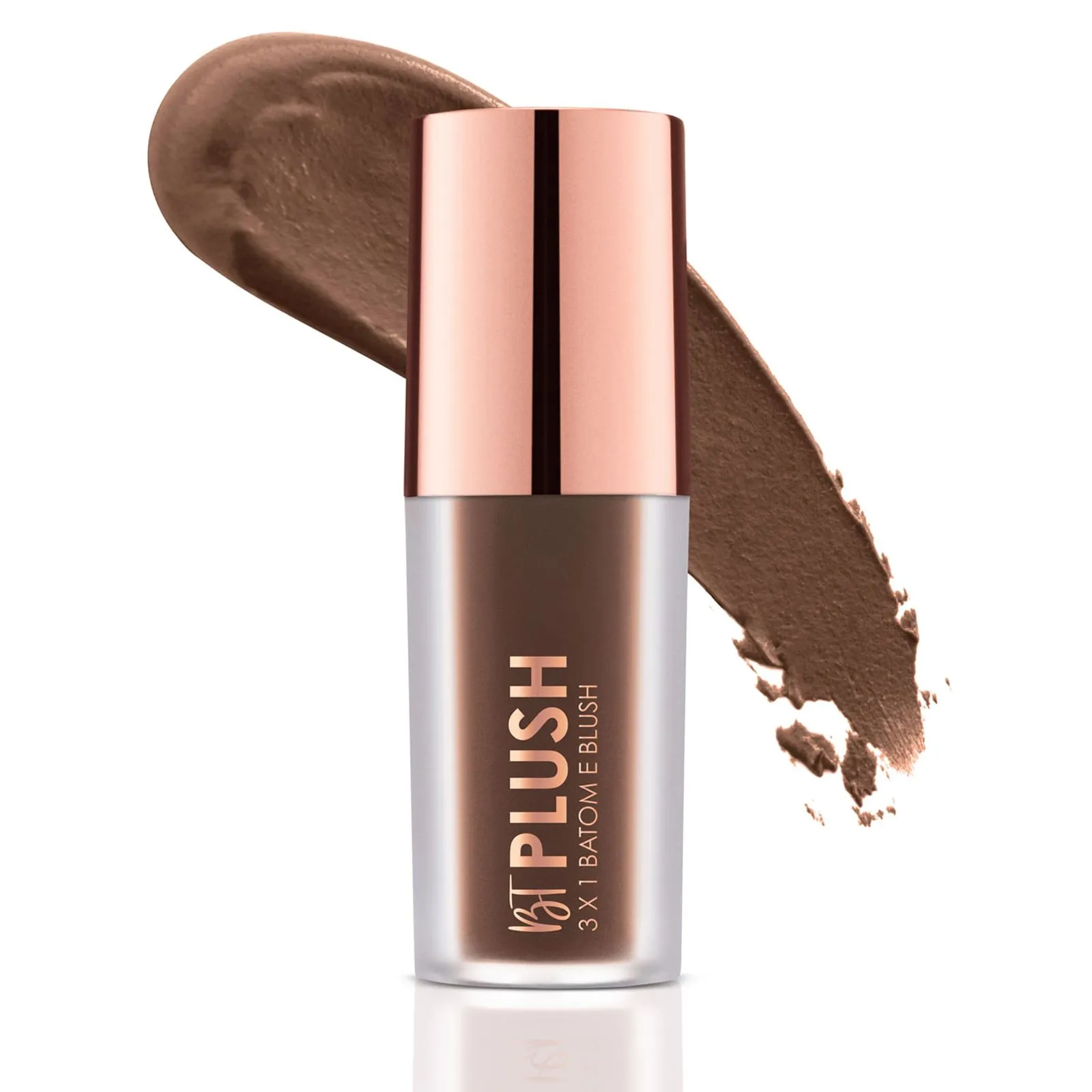 Batom líquido castanho com tampa dourada e fundo branco