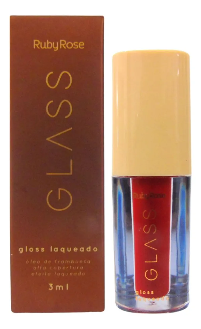 Gloss labial Ruby Rose GLASS em embalagem castanha e aplicador com tampa bege