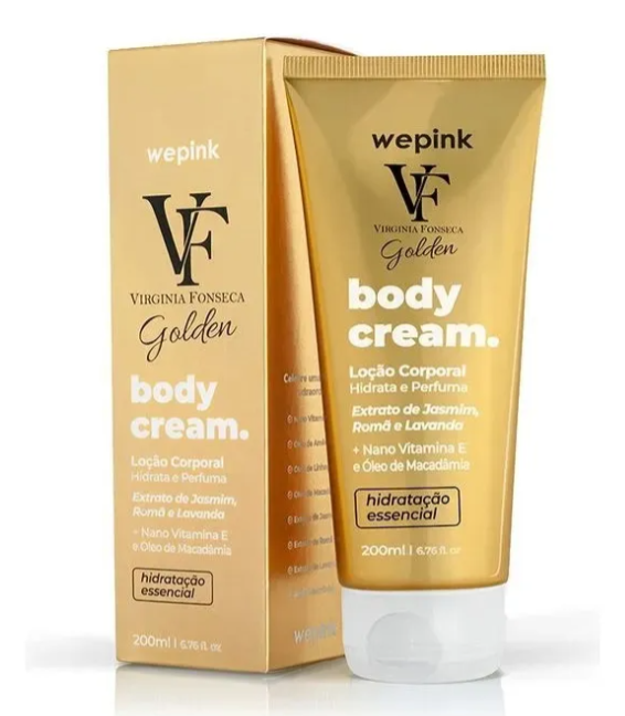 Creme corporal Wepink Virginia Fonseca Golden, tubo dourado com texto branco e preto