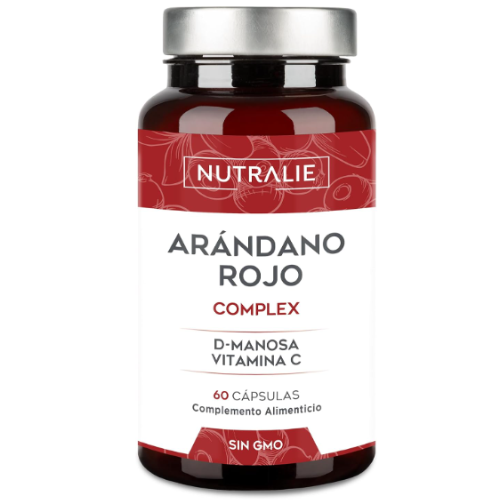 Frasco de suplemento alimentar Nutralie Arándano Rojo Complex com rótulo branco e vermelho