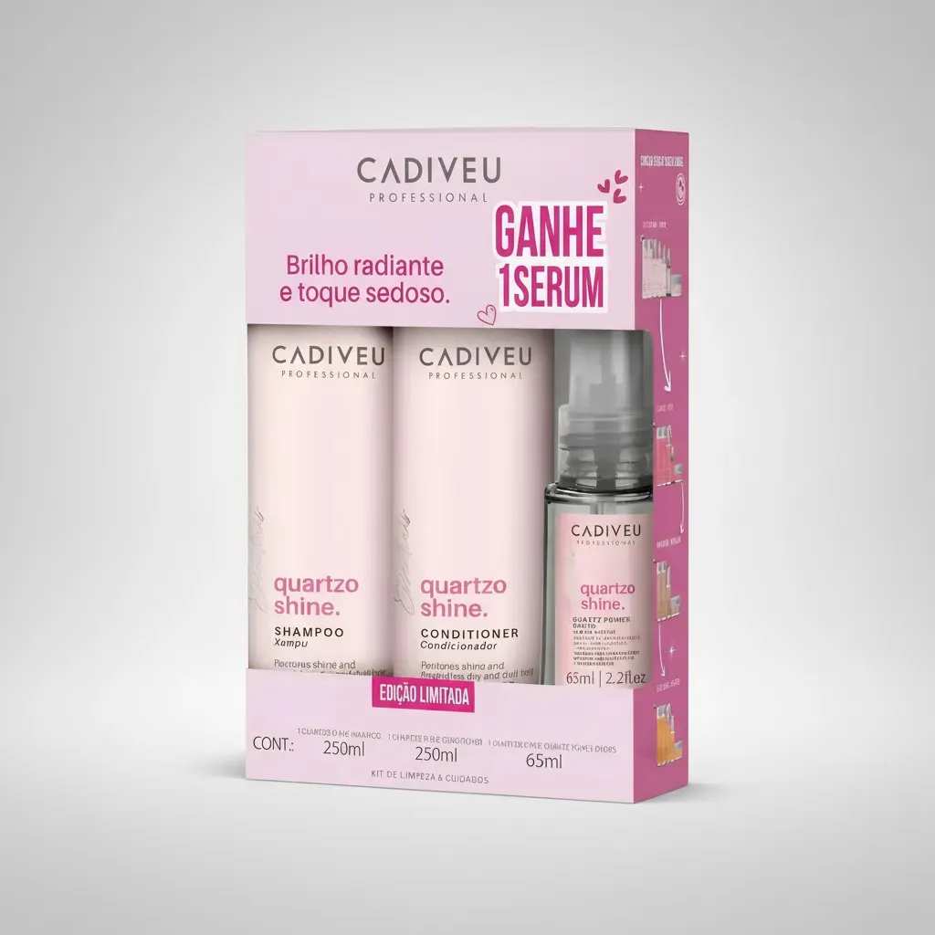 Pack CADIVEU PROFESSIONAL Quartzo Shine com shampoo, condicionador e serum, embalagem rosa