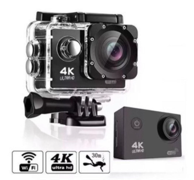Câmara de ação 4K Ultra HD com caixa protetora e suporte