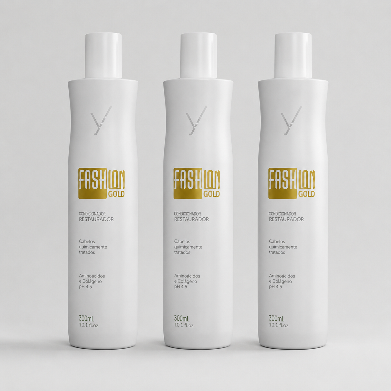 Frascos brancos de condicionador FASHION GOLD em fundo cinza